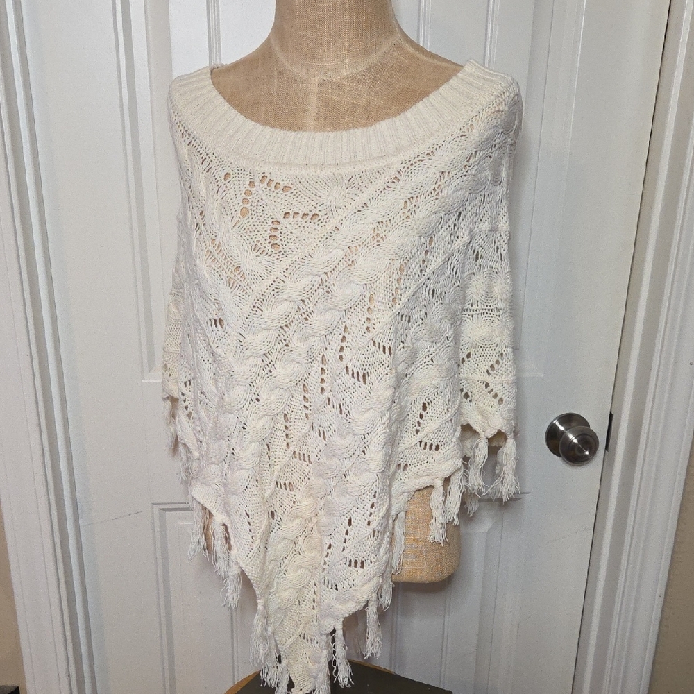Cream Knitted Tassel Poncho Sweater